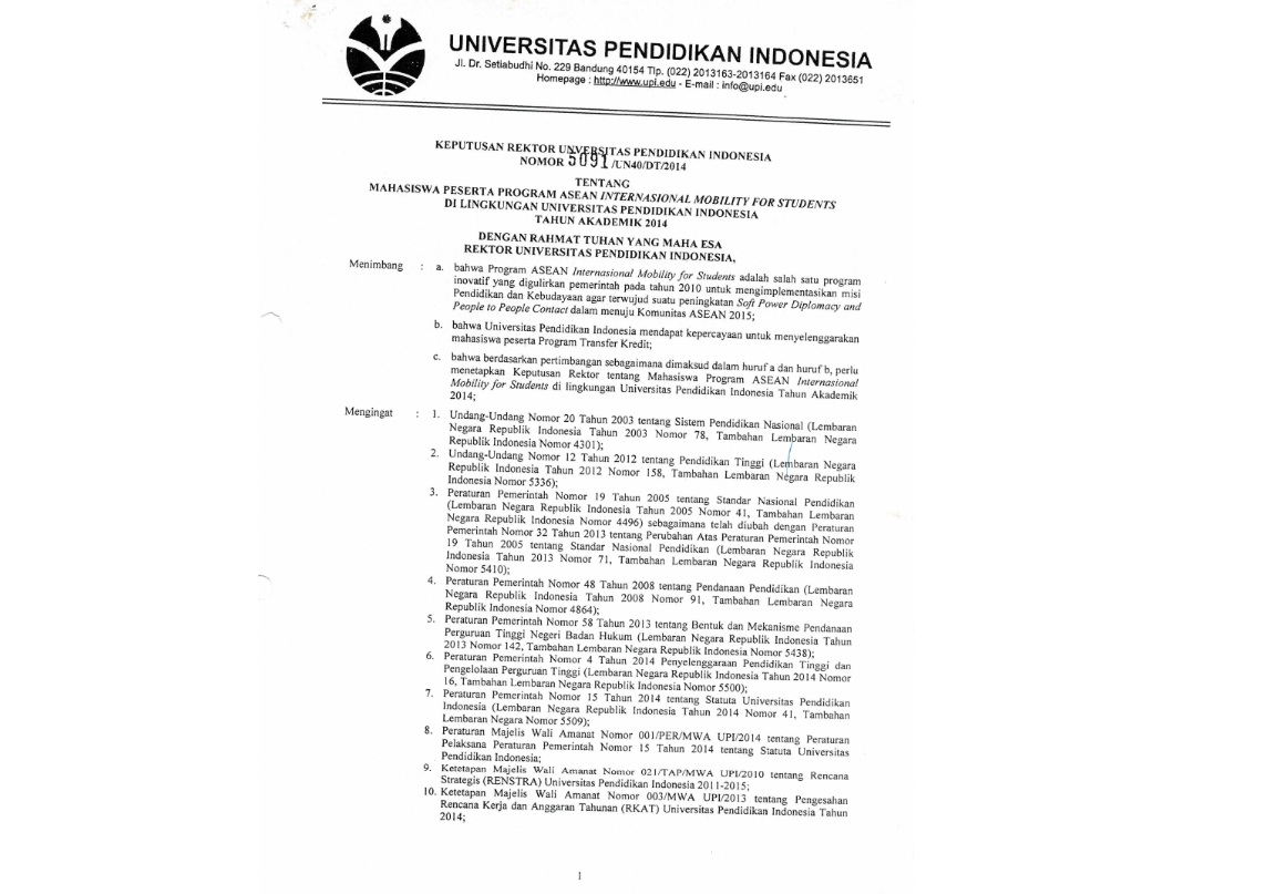 Surat Keputusan Rektor Universitas Pendidikan Indonesia Tentang Mahasiswa Peserta Program Asean International Mobility For Students