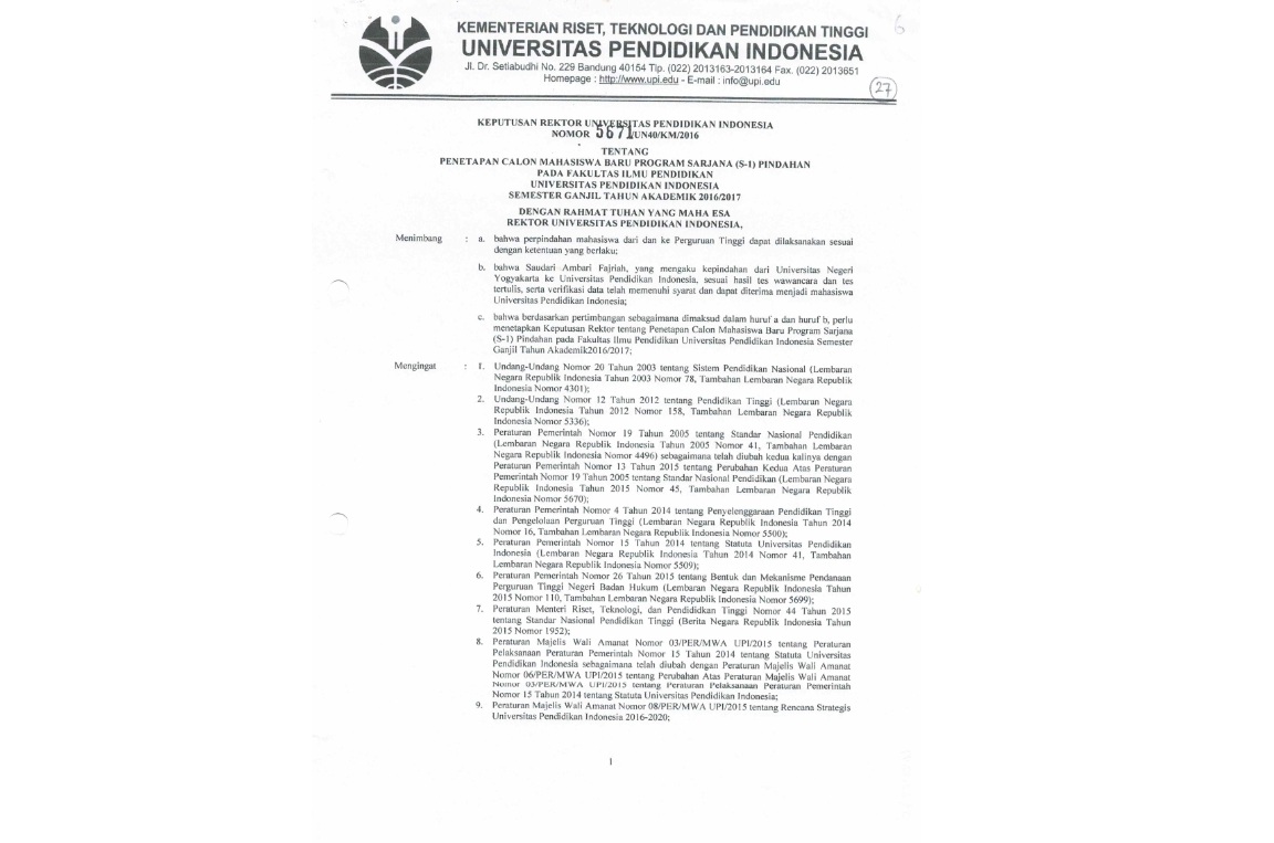 Surat Keputusan Rektor Universitas Pendidikan Indonesia Tentang Penetapan Calon Mahasiswa Baru Program Sarjana (S-1)