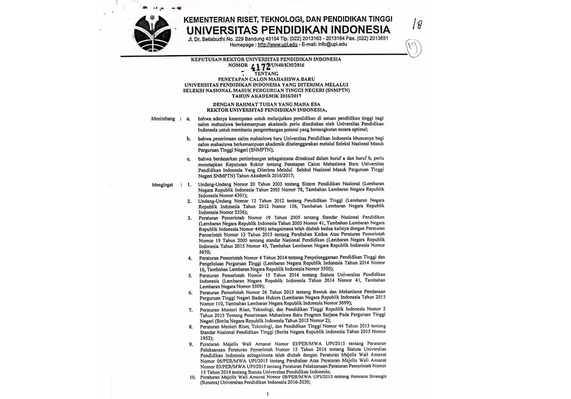 Surat Keputusan Rektor Universitas Pendidikan Indonesia Tentang Penetapan Calon Mahasiswa Baru Universitas Pendidikan Indonesia Yang Diterima Melalui Seleksi Nasional Masuk Perguruan Tinggi Negeri