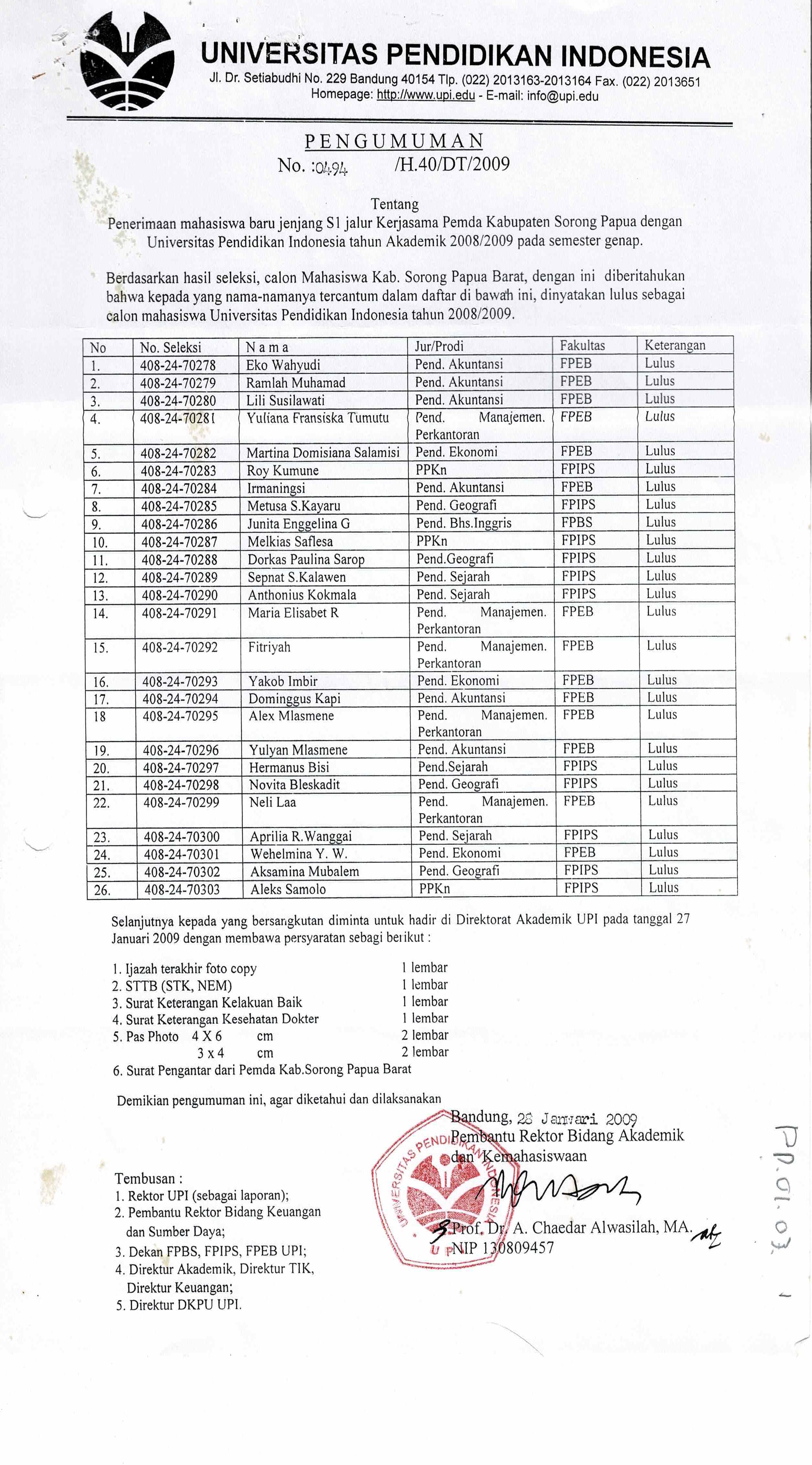 Surat Pengumuman UPI Tentang Penerimaan Mahasiswa Baru Jenjang S1 Jalur Kerjasama Pemda Kabupaten Sorong Papua dengan Universitas Pendidikan Indonesia tahun Akademik 2008/2009 pada Semester Genap