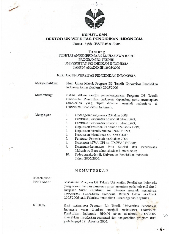 Surat Keputusan Rektor Penetapan Penerimaan Mahasiswa Baru Program D3 Teknik Universitas Pendidikan Indonesia Tahun Akademik 2005/2006