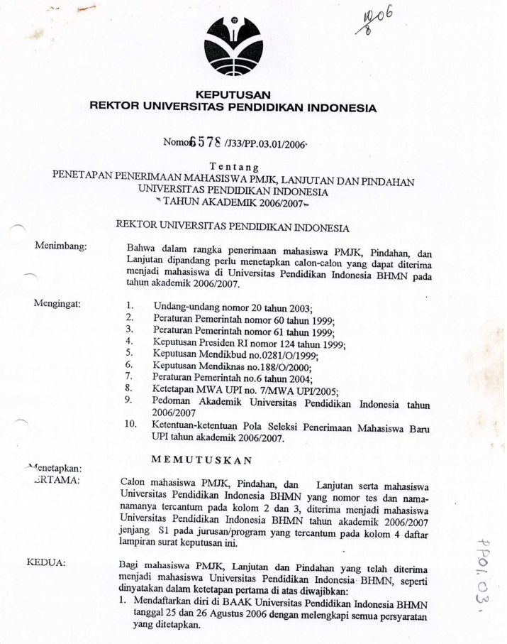 Surat Keputusan Rektor Universitas Pendidikan Indonesia tentang Penetapan Penerimaan Mahasiswa PMJK, Lanjutan dan Pindahan UPI Tahun Akademik 2006/2007