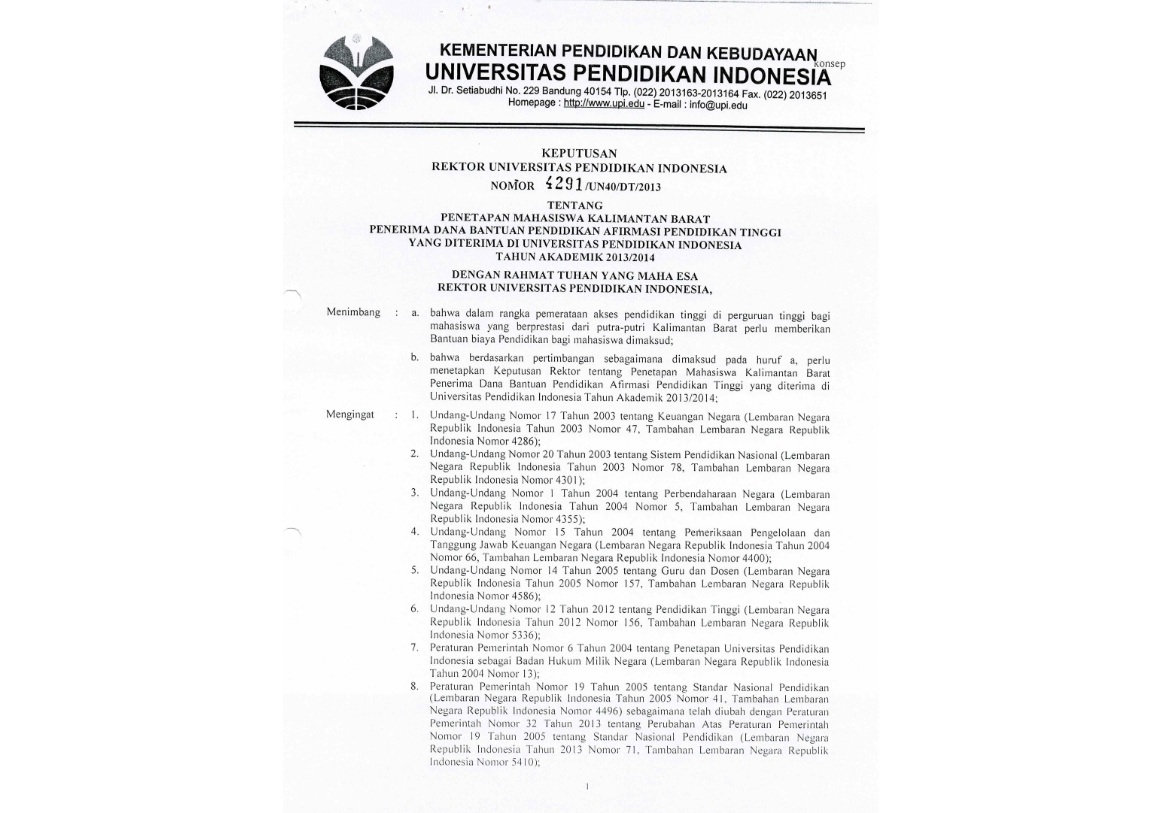 Surat Keputusan Rektor Universitas Pendidikan Indonesia Tentang Penetapan Mahasiswa Kalimantan Barat Penerimaan Dana Bantuan Pendidikan