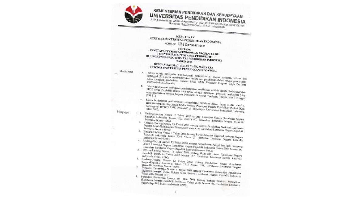 Surat Keputusan Rektor Universitas Pendidikan Indonesia Tentang Penetapan Peserta Pendidikan Profesi Guru Terintegrasi (PPGT) SMK Produktif