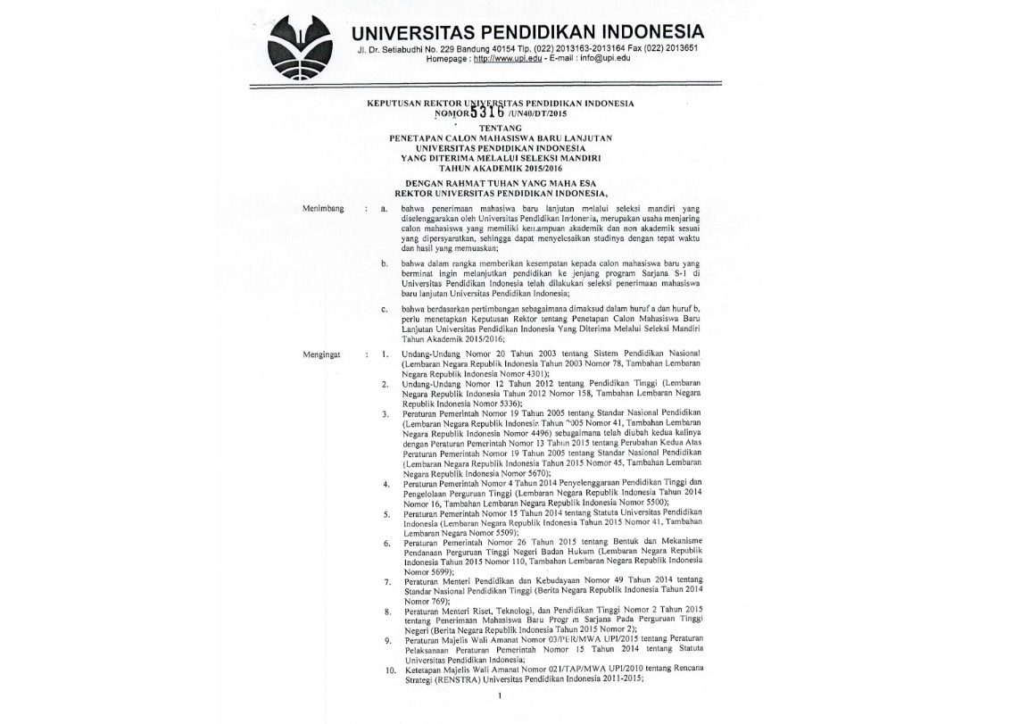Surat Keputusan Rektor Universitas Pendidikan Indonesia Tentang Penetapan Calon Mahasiwa Baru Lanjutan