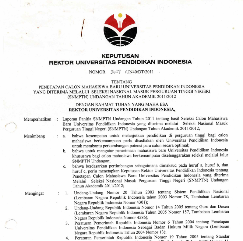 Surat Keputusan Rektor Universitas Pendidikan Indonesia Tentang Penetapan Calon Mahasiswa Baru