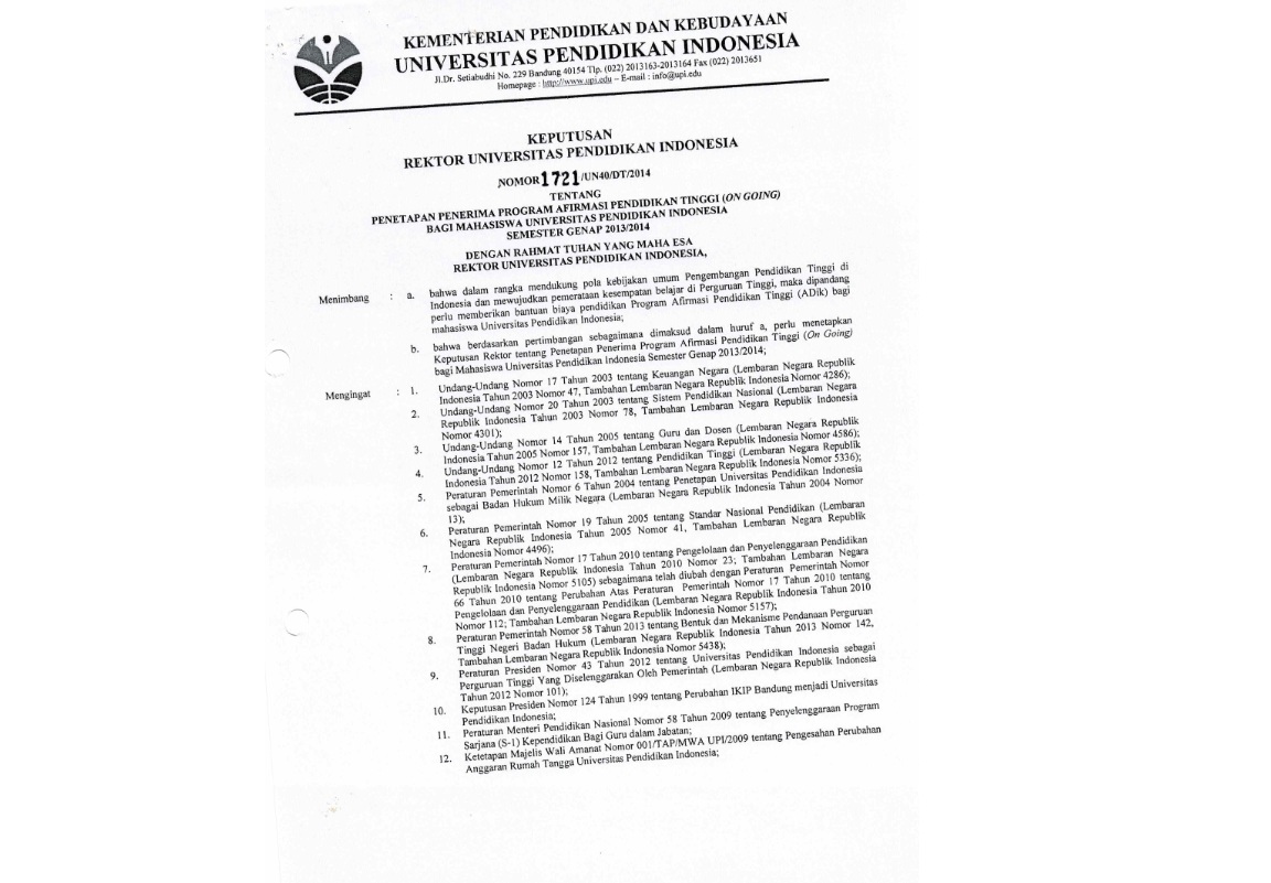 Surat Keputusan Rektor Universitas Pendidikan Indonesia Tentang Penetapan Penerimaan Program Afirmasi Pendidikan Tinggi