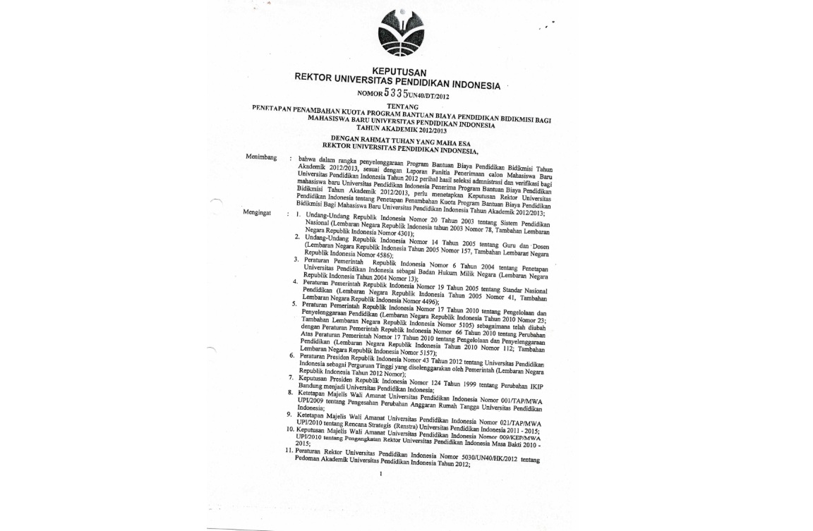Surat Keputusan Rektor Universitas Pendidikan Indonesia Tentang Penetapan Penambahan Kuota Program Bantuan Biaya Pendidikan Bidikmisi