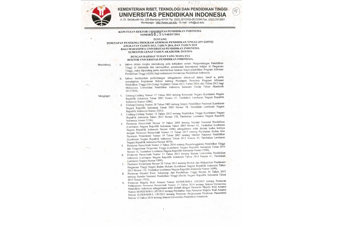 Surat Keputusan Rektor Universitas Pendidikan Indonesia Tentang Penetapan Program Afirmasi Pendidikan Tinggi (ON GOING ) Angkatan Tahun 2013, Tahun 2014, Dan Tahun 2015
