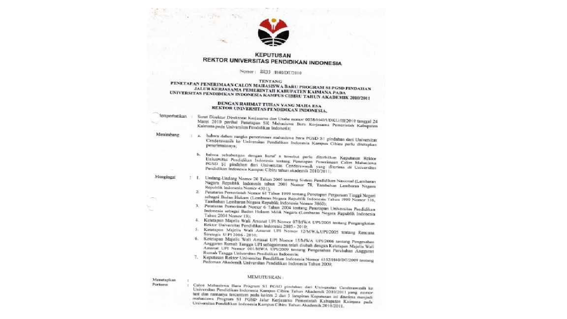 Surat Keputusan Rektor Universitas Pendidikan Indonesia Tentang Penetapan Penerimaan Calon Mahasiswa Baru Program S1 PGSD