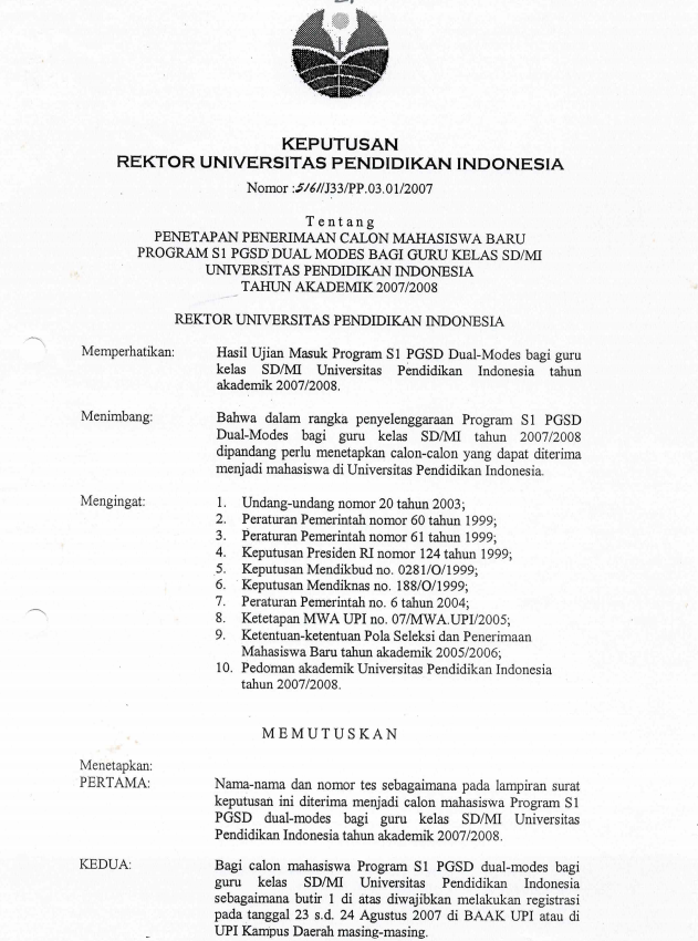 SK. Rektor UPI tentangPenetapan Penerimaan Calon Mahasiswa Baru Program S1 PGSD Dual Modes Bagi Guru Kelas SD/MI UPI Tahun Akademik 2007/2008 - Nomor : 5161/J33/H40/KM/2007, Tanggal 4 Agustus 2006