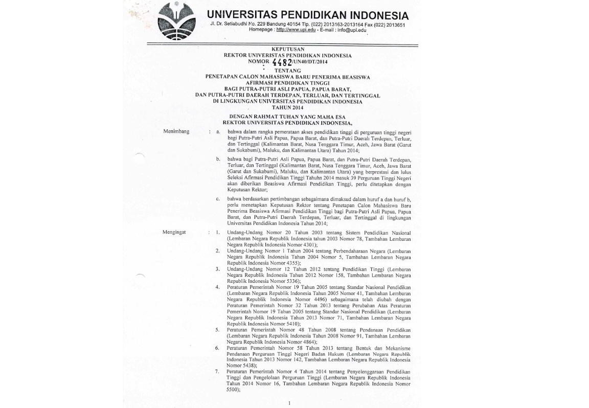 urat Keputusan Rektor Universitas Pendidikan Indonesia Tentang Penetapan Calon Mahasiswa Baru Penerima Beasiswa Afirmasi Pendidikan Tinggi
