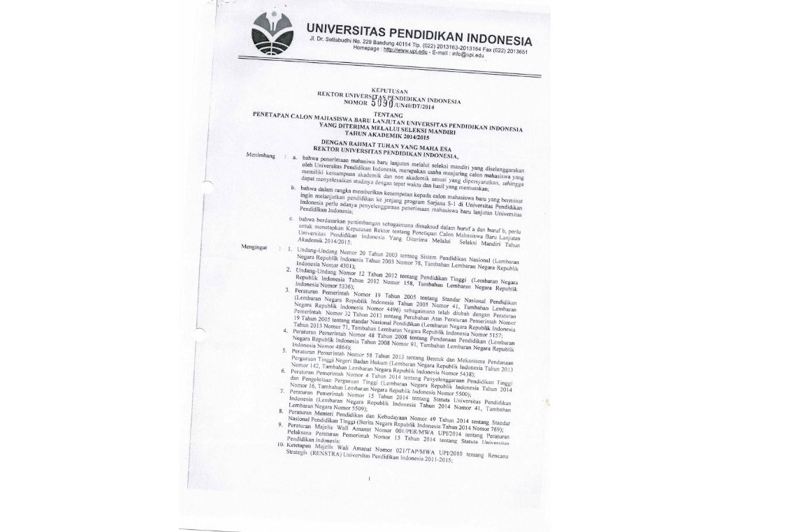 Surat Keputusan Rektor Universitas Pendidikan Indonesia Tentang Penetapan Calon Mahasiswa Baru Lanjutan