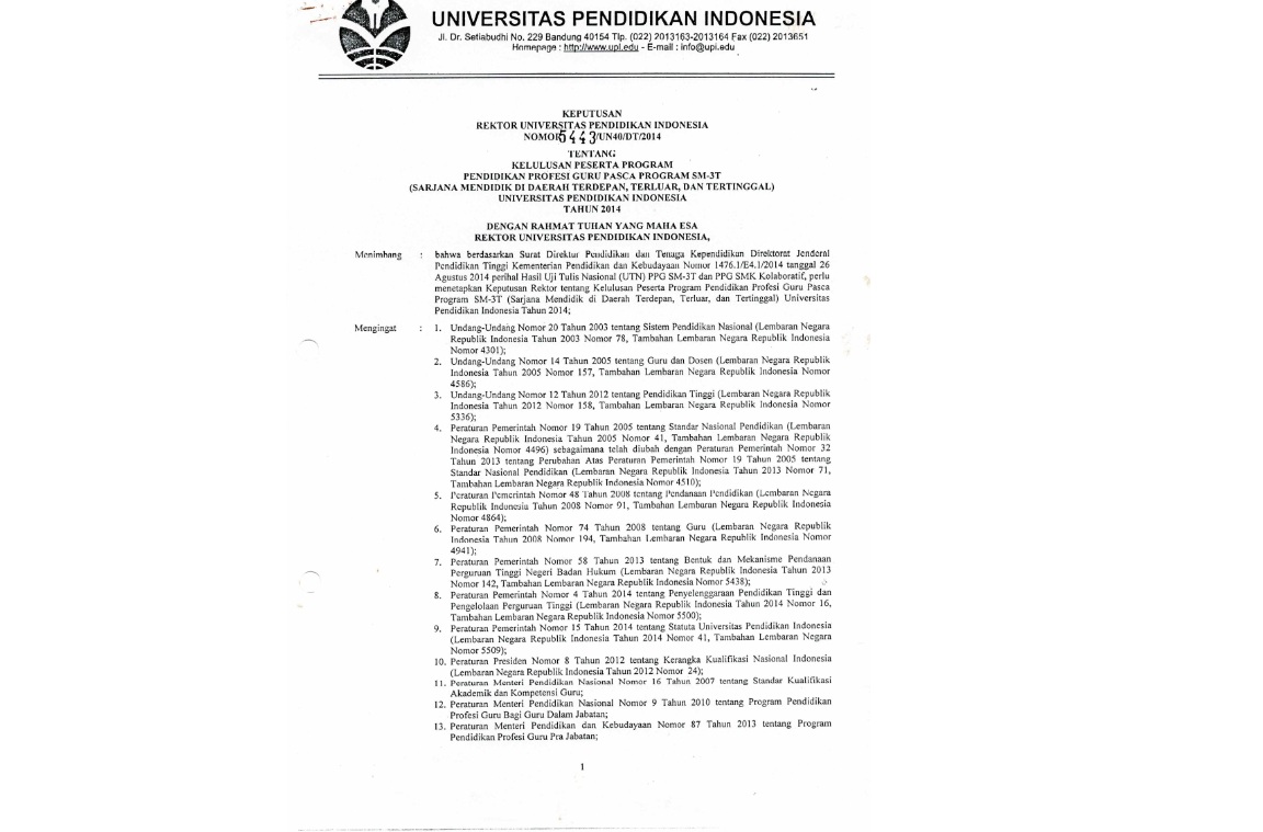 Surat Keputusan Rektor Universitas Pendidikan Indonesia Tentang Kelulusan Peserta Program Pendidikan Profesi Guru Pasca Program SM-3T