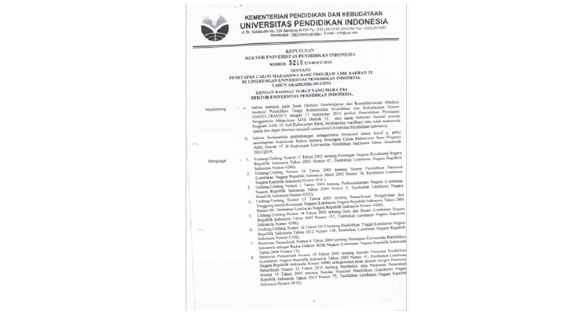 Surat Keputusan Rektor Universitas Pendidikan Indonesia Tentang Penetapan Calon Mahasiswa Baru Program Adik Daerah 3T