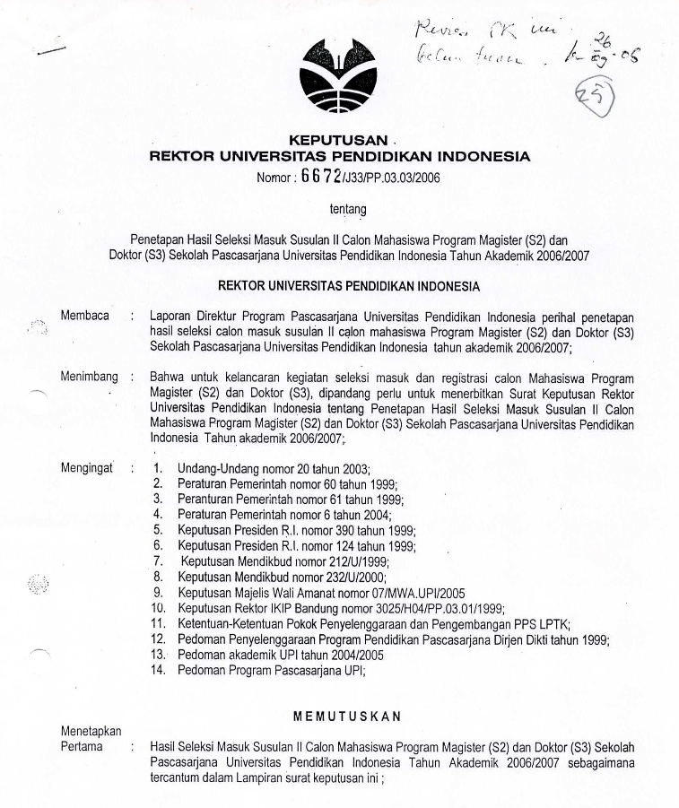 Surat Keputusan Rektor Universitas Pendidikan Indonesia tentang Penetapan Hasil Seleksi calon mahasiswa Program Magister (S2) dan Doktor (S3) Sekolah Pasca Sarjana Susulan II Tahun Akademik 2006/2007