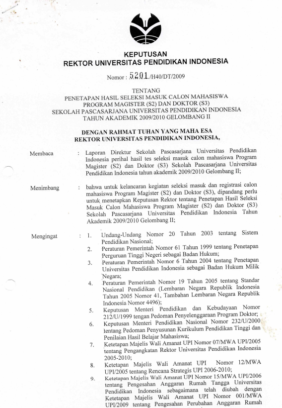 Surat Keputusan Rektor UPI Nomor: 5201/H40/DT/2009 Tentang Penetapan Hasil Seleksi Masuk Calon Mahasiswa Program Magister (S2) dan Doktor (S3) Sekolah Pascasarjana UPI Tahun Akademik 2009/2010 Gelombang II