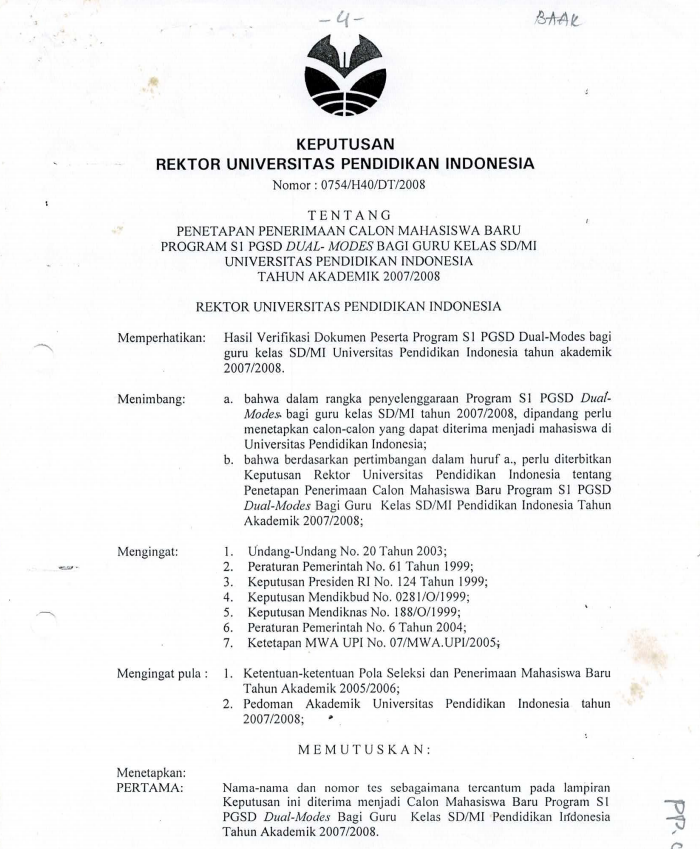 SK Rektor UPI tentang Penetapan Penerimaan Calon Mahasiswa Baru Program S1 PGSD Dual Mode Guru Kelas SD/MI.
