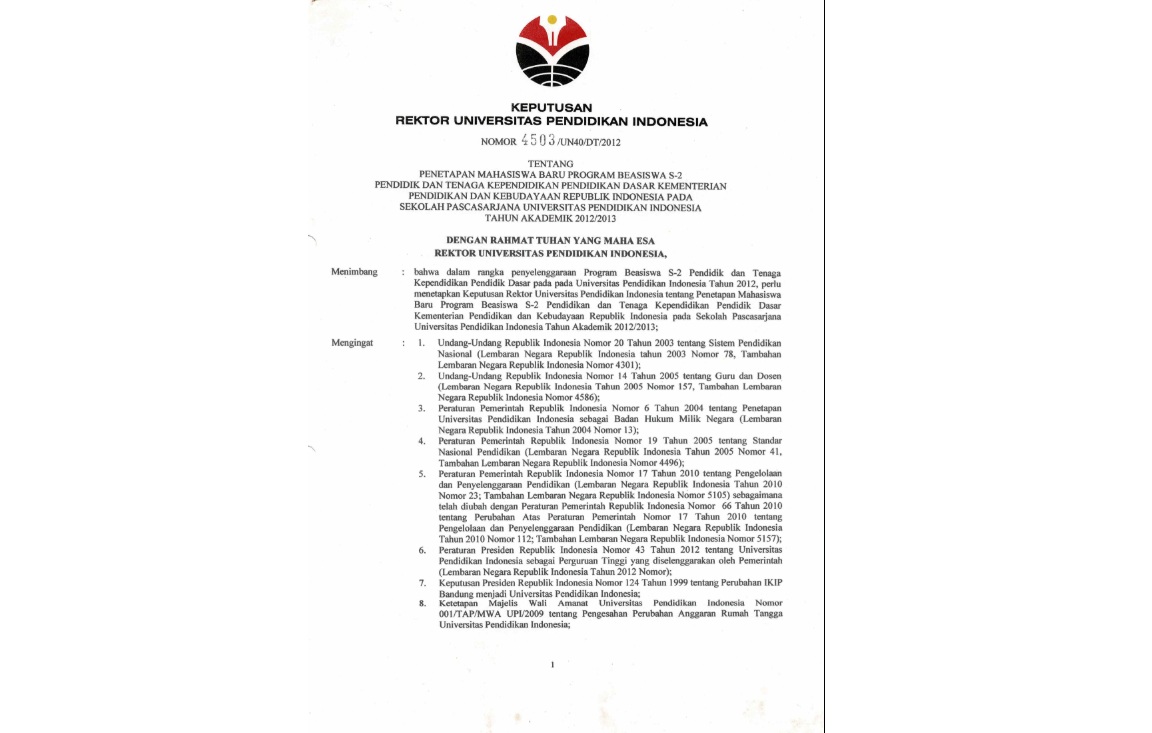 urat Keputusan Rektor Universitas Pendidikan Indonesia Tentang Penetapan Mahasiswa Baru Program Beasiswa S2 Pendidik Dan Tenaga Kependidikan Pendidikan Dasar
