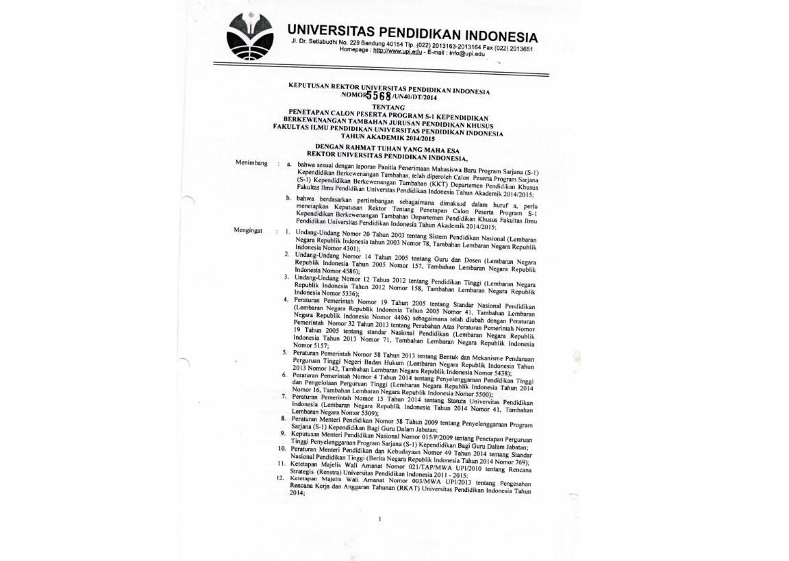 Surat Keputusan Rektor Universitas Pendidikan Indonesia Tentang Penetapan Calon Peserta Program S-1 Kependidikan Berkewenangan Tambahan