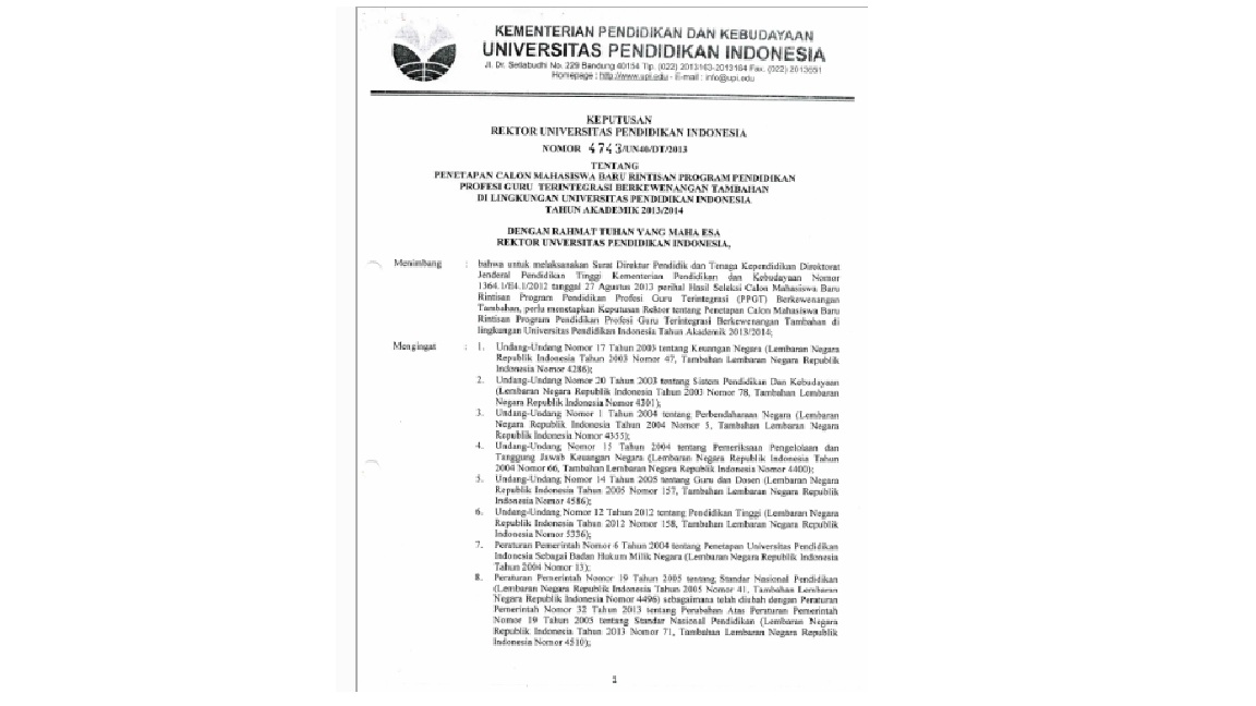 urat Keputusan Rektor Universitas Pendidikan Indonesia Tentang Penetapan  Calon Mahasiswa Baru Rintisan Program Pendidikan Profesi Guru
