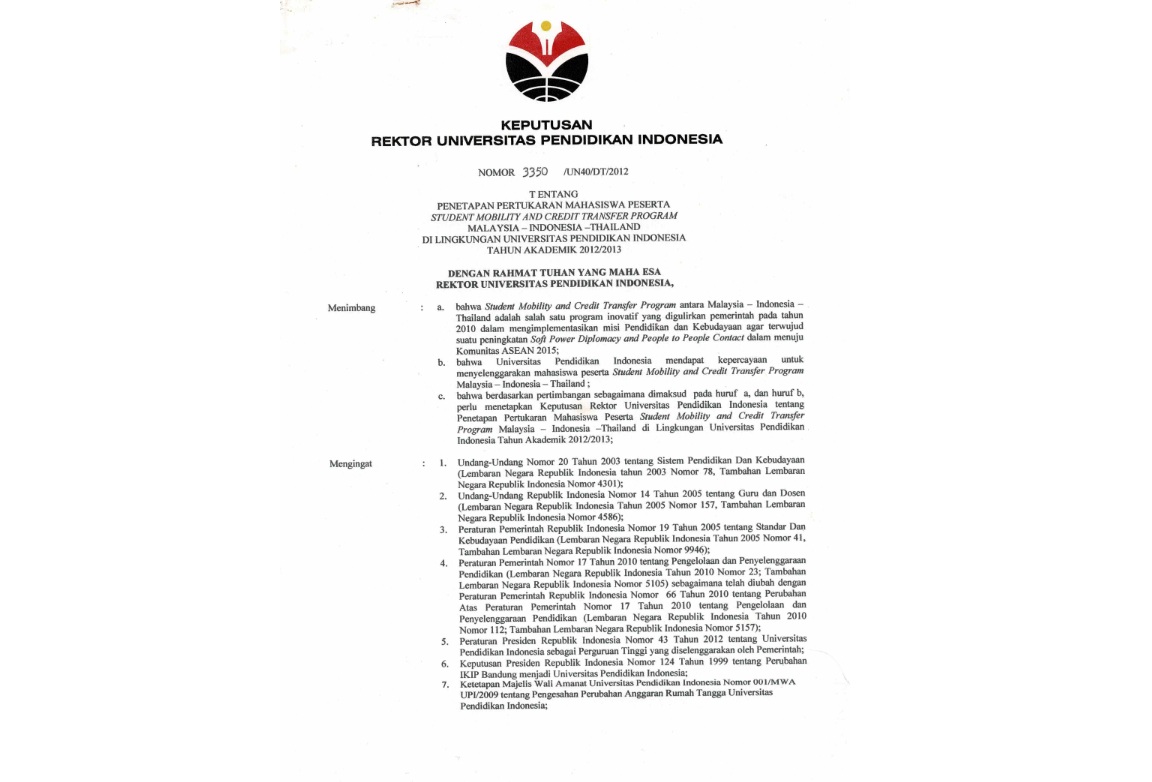 Surat Keputusan Rektor Universitas Pendidikan Indonesia Tentang Penetapan Pertukaran Mahasiswa Peserta Student Mobility And Credit Tranfer Program Malaysia-Indonesia-Thailand