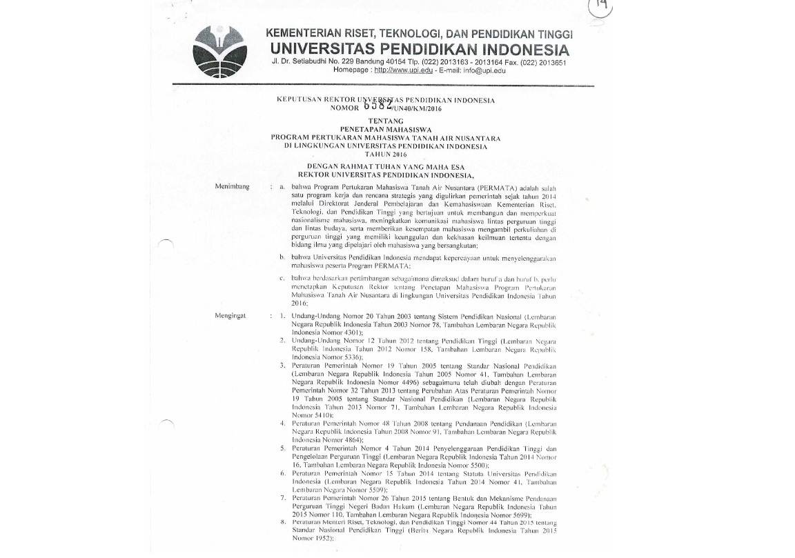 Surat Keputusan Rektor Universitas Pendidikan Indonesia Tentang  Penetapan Mahasiswa Program Pertukaran Mahasiswa Tanah Air Nusantara