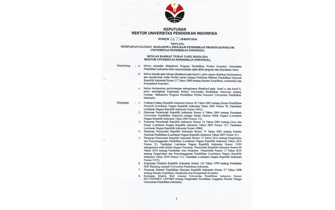 Surat Keputusan Rektor Universitas Pendidikan Indonesia Tentang Penetapan Lulusan Mahasiswa Program Pendidikan Profesi Konselor