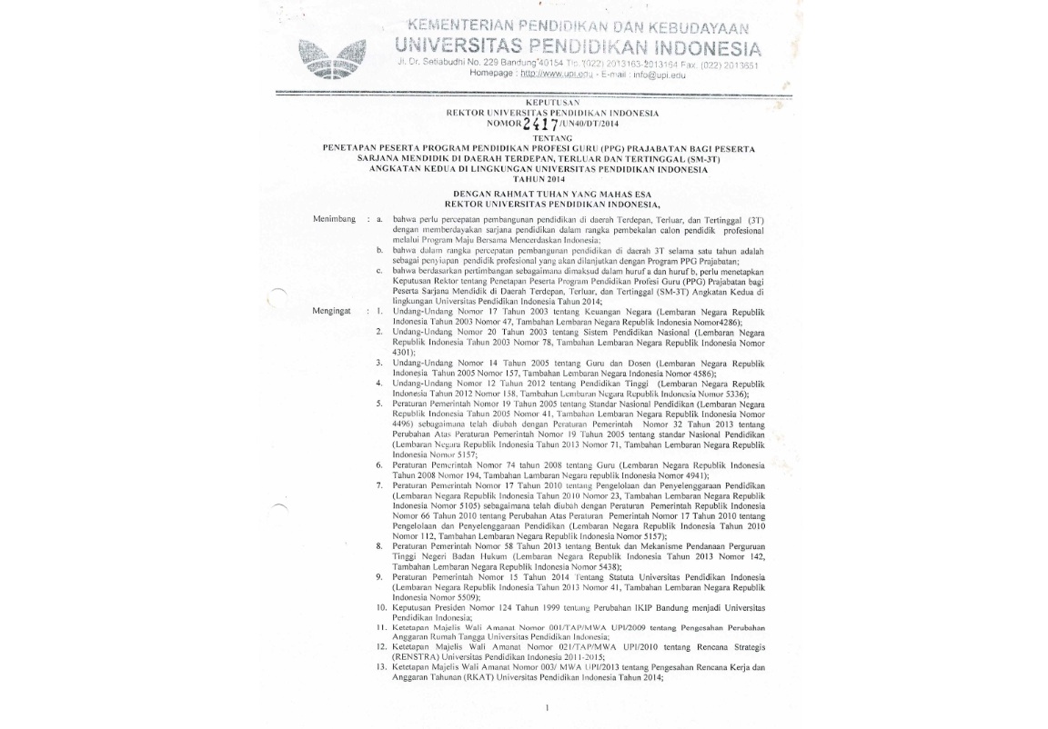 Surat Keputusan Rektor Universitas Pendidikan Indonesia Tentang Penetapan Peserta Program Pendidikan Profesi Guru ( PPG) Prajabatan