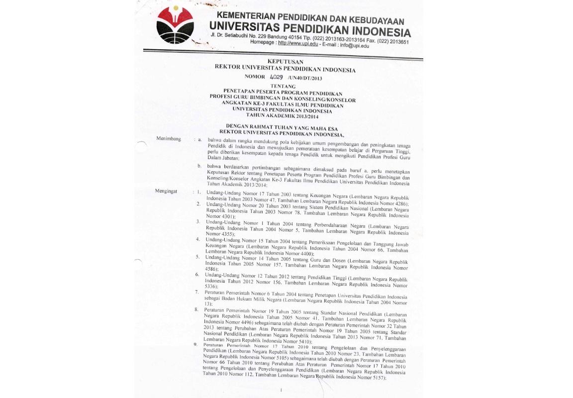 Surat Keputusan Rektor Universitas Pendidikan Indonesia Tentang Penetapan Peserta Program Pendidikan Profesi Guru Bimbingan Dan Konseling/Konselor