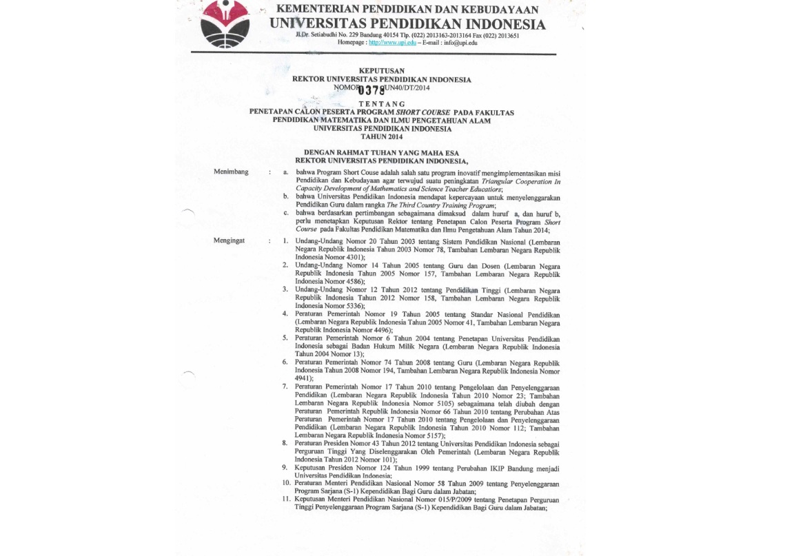 Surat Keputusan Rektor Universitas Pendidikan Indonesia Tentang Penetapan Calon Peserta Program Short Course