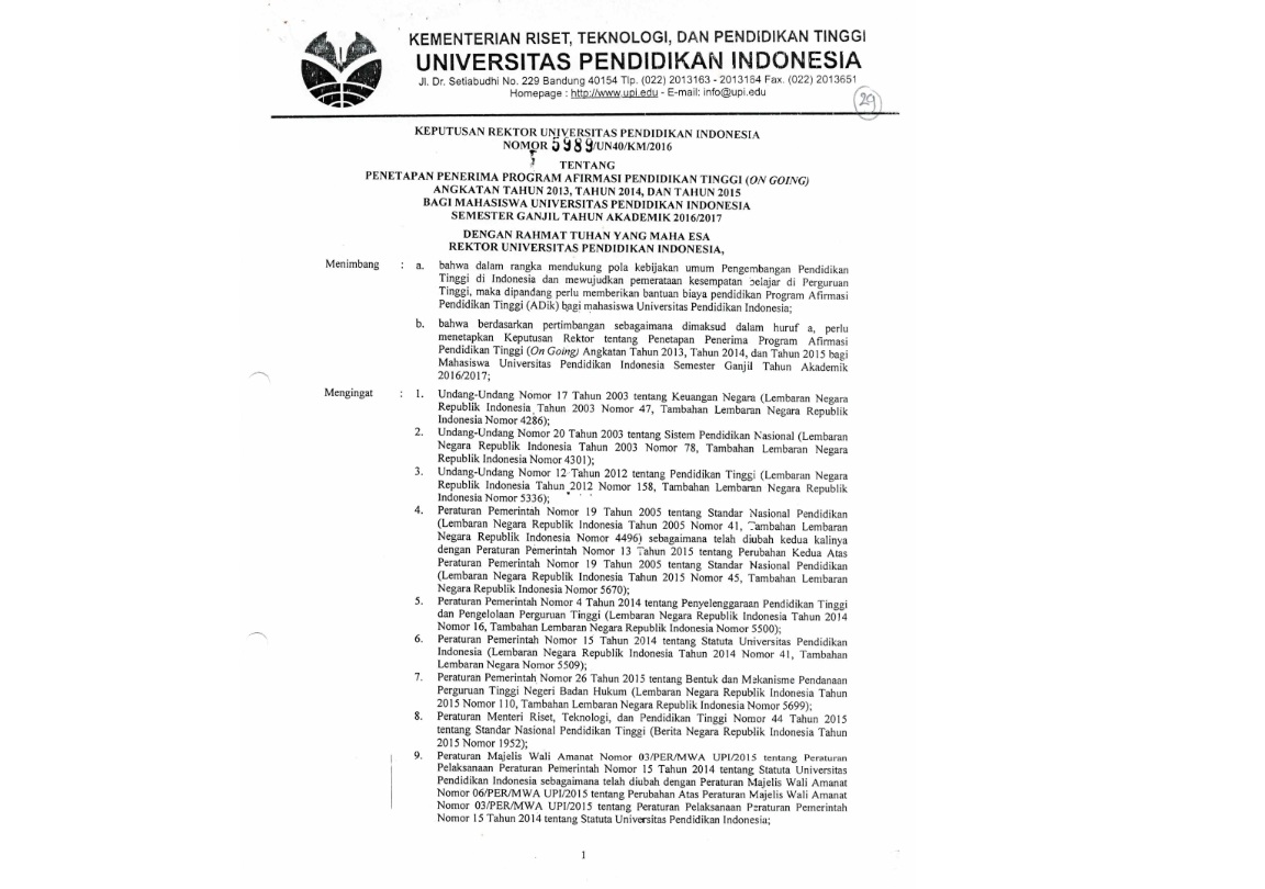 Surat Keputusan Rektor Universitas Pendidikan Indonesia Tentang Penetapan Penerima Program Afirmasi Pendidikan Tinggi (ON GOING )