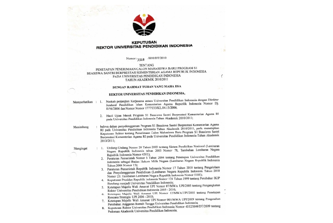 Surat Keputusan Rektor Universitas Pendidikan Indonesia Tentang Penetapan Penerimaan Calon Mahasiswa Baru Program S1 Beasiswa Santri