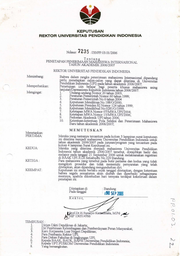 Surat Keputusan Rektor Universitas Pendidikan Indonesia tentang Penetapan Penerimaan Mahasiswa Internasional Tahun Akademik 2006/2007