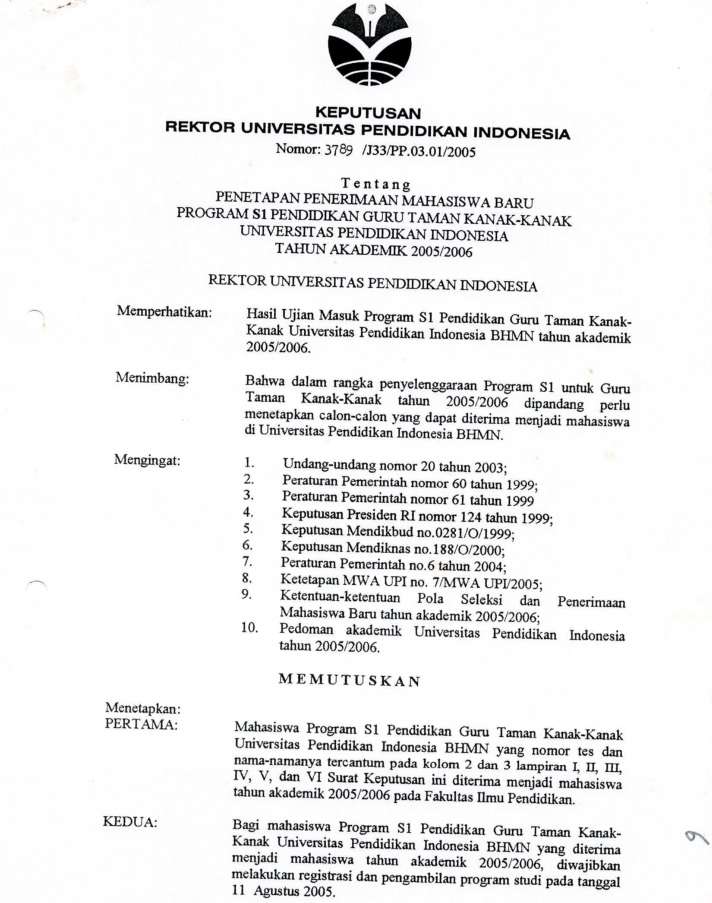 Surat Keputusan Rektor Penetapan Mahasiswa Baru Program S1 PGTK UPI tahun Akademik 2005/2006