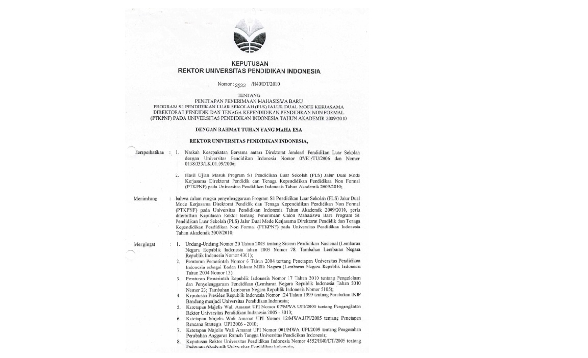 Surat Keputusan Rektor Universitas Pendidikan Indonesia Tentang Penetapan Penerimaan Mahasiswa Baru Program S1 Pendidikan Luar Sekolah