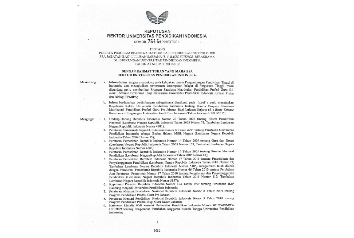 Surat Keputusan Rektor Universitas Pendidikan Indonesia Tentang Peserta Program Beasiswa Matrikulasi Pendidikan Profesi Guru Pra