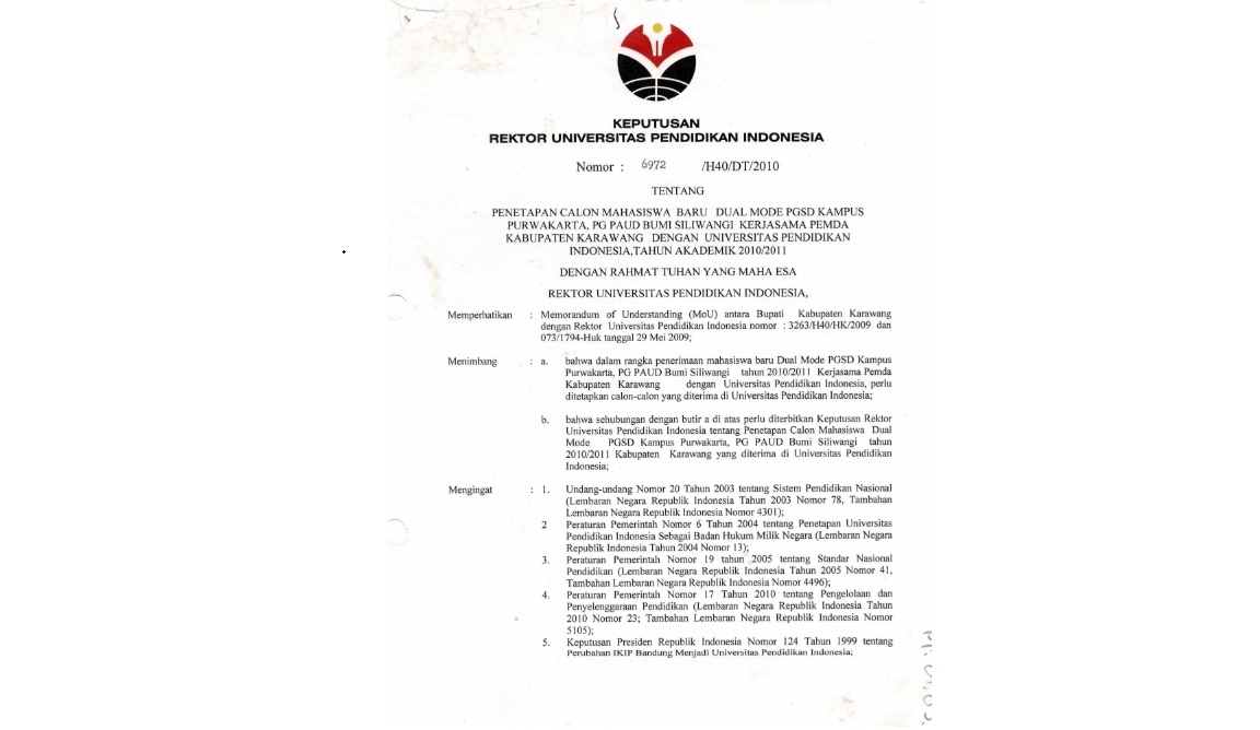 Surat Keputusan Rektor Universitas Pendidikan Indonesia Tentang Penetapan Calon Mahasiswa Baru Dual Mode PGSD Kampus Purwakarta,PG PAUD
