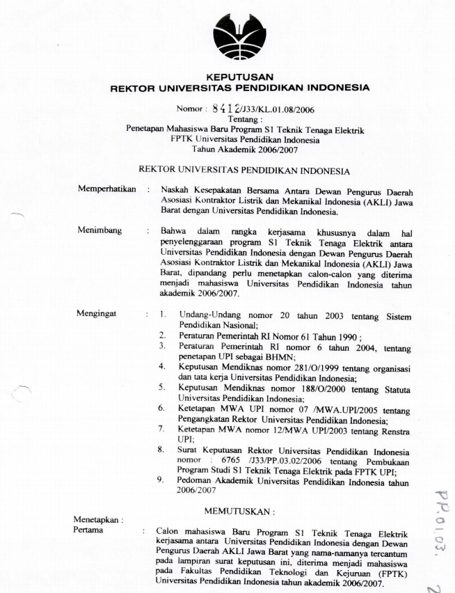SK Rektor UPI tentang Penetapan penerimaan Mahasiswa Baru Program S1 Teknik Tenaga Elektrik FPTK