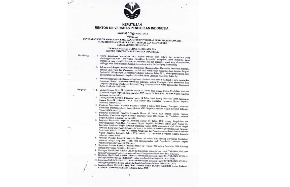Surat Keputusan Rektor Universitas Pendidikan Indonesia Tentang Penetapan Calon Mahasiswa Baru Lanjutan
