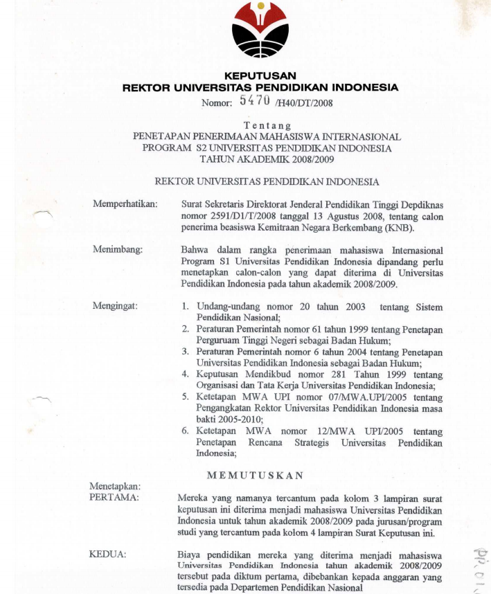 SK Rektor UPI tentang Penetapan Penerimaan Mahasiswa Internasional Program S2 UPI TA 2008/2009