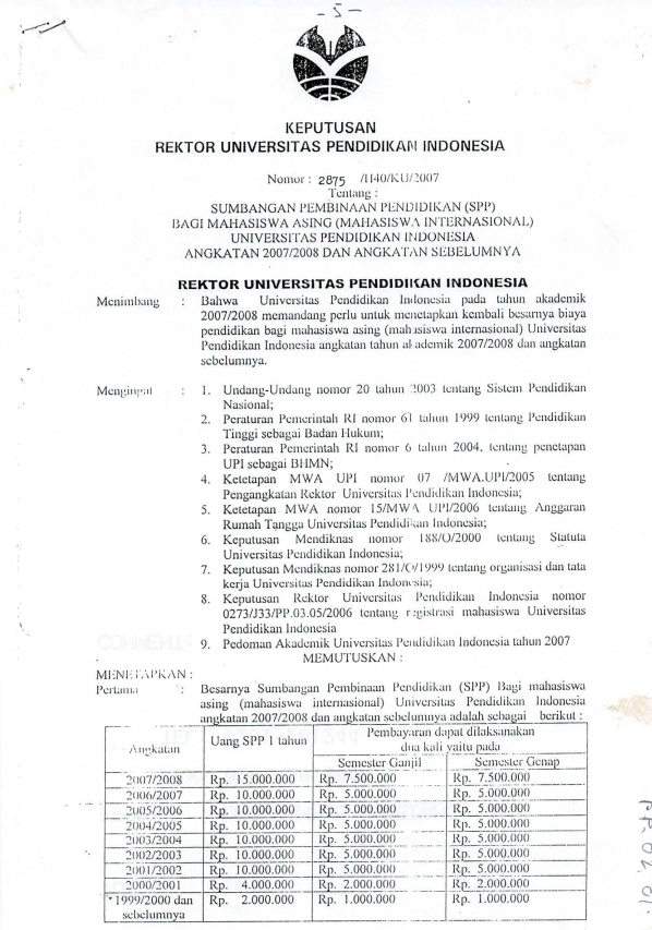 SK Rektor UPI tentang Sumbangan Pembinaan Pendidikan (SPP) Bagi Mahasiswa Asing/Internasional UPI Angkatan 2007/2008