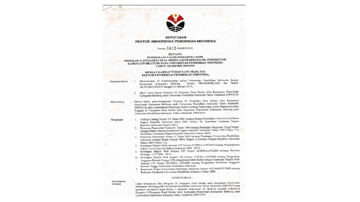 Surat Keputusan Rektor Universitas Pendidikan Indonesia Tentang Penerimaan  Calon Mahasiswa Baru Program S1
