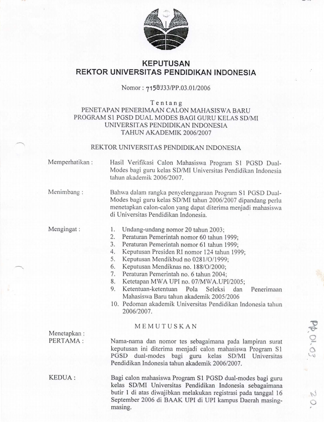 Surat Keputusan Rektor Universitas Pendidikan Indonesia Penetapan Penerimaan Calon Mahasiswa Baru Program S1 PGSD