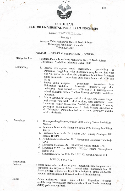 SK Rektor UPI  tentang Penetapan Calon mahasiswa baru Program S1 Basic Science UPI tahun 2006/2007