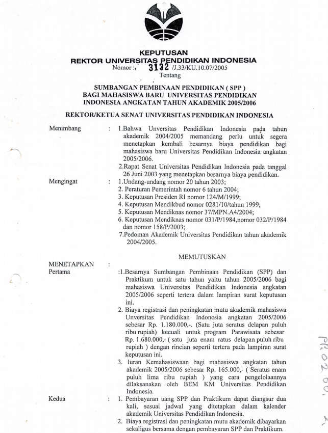 SK. Rektor UPI tentang Sumbangan Pembinaan Pendidikan (SPP) Bagi Mahasiswa Baru Universitas Pendidikan Indonesia Angkatan Tahun Akademik 2005/2006