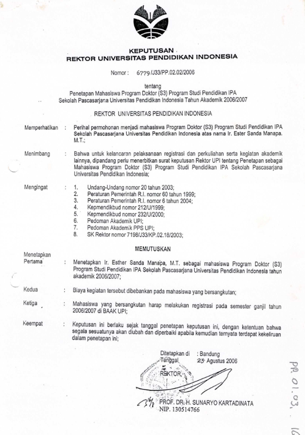 Surat Keputusan Rektor Universitas Pendidikan Indonesia tentang Penetapan Mahasiswa Program Doktor (S3) Prodi Pendidikan IPA Sekolah Pascasarjana UPI Tahun Akademik 2006-2007