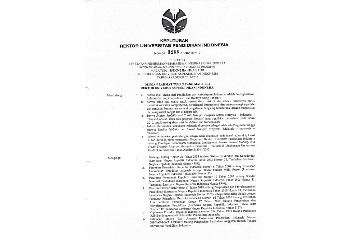 Surat Keputusan Rektor Universitas Pendidikan Indonesia Tentang Penetapan Penerimaan Mahasiswa Internasioanal Peserta Student Mobility And Credit Transfer Program Malaysia-Indonesia-Thailand