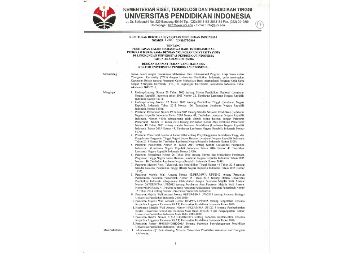 Surat Keputusan Rektor Universitas Pendidikan Indonesia Tentang Penetapan Calon Mahasiswa Baru Internasional Program Kerja Sama Dengan Youngsan University (YSU)