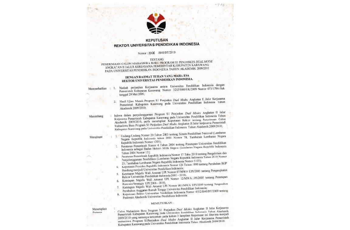 Surat Keputusan Rektor Universitas Pendidikan Indonesia Tentang Penerimaan Calon Mahasiswa Baru Program S1 Penjakes Dual Mode Angkatan II